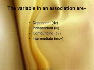 Akhilesh Bhargava7The variable in an association are-Dependent (dv)Independent (iv)Confounding (cv)Intermediate (im.v)