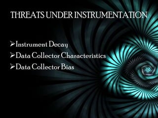 THREATS UNDER INSTRUMENTATION


Instrument Decay
Data Collector Characteristics
Data Collector Bias
 