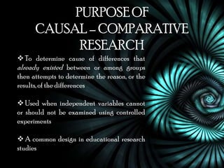 PURPOSE OF
      CAUSAL – COMPARATIVE
            RESEARCH
 To determine cause of differences that
already existed between or among groups
then attempts to determine the reason, or the
results, of the differences

 Used when independent variables cannot
or should not be examined using controlled
experiments

 A common design in educational research
studies
 