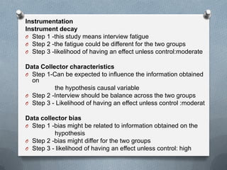 Instrumentation
Instrument decay
O Step 1 -this study means interview fatigue
O Step 2 -the fatigue could be different for the two groups
O Step 3 -likelihood of having an effect unless control:moderate

Data Collector characteristics
O Step 1-Can be expected to influence the information obtained
on
the hypothesis causal variable
O Step 2 -Interview should be balance across the two groups
O Step 3 - Likelihood of having an effect unless control :moderat
Data collector bias
O Step 1 -bias might be related to information obtained on the
hypothesis
O Step 2 -bias might differ for the two groups
O Step 3 - likelihood of having an effect unless control: high

 