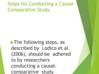 Steps for Conducting a Causal-
Comparative Study
The following steps, as
described by Lodico et al.
(2006), should be adhered
to by researchers
conducting a causal-
comparative study.
 