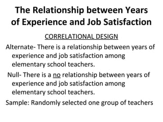 The Relationship between Years
of Experience and Job Satisfaction
CORRELATIONAL DESIGN
Alternate- There is a relationship between years of
experience and job satisfaction among
elementary school teachers.
Null- There is a no relationship between years of
experience and job satisfaction among
elementary school teachers.
Sample: Randomly selected one group of teachers
 