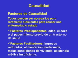 Causalidad Factores de Causalidad Todos pueden ser necesarios pero raramente suficientes para causar una enfermedad o estado Factores Predisponentes:   edad, el sexo o el padecimiento previo de un trastorno de salud. Factores Facilitadores:   ingresos reducidos, alimentación inadecuada, malas condiciones de vivienda, asistencia médica insuficiente.  