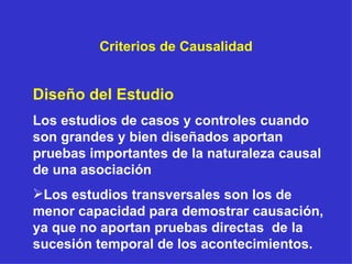 Criterios de Causalidad Diseño del Estudio Los estudios de casos y controles cuando son grandes y bien diseñados aportan pruebas importantes de la naturaleza causal de una asociación Los estudios transversales son los de menor capacidad para demostrar causación, ya que no aportan pruebas directas  de la sucesión temporal de los acontecimientos. 