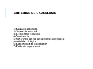 CRITERIOS DE CAUSALIDAD 
1) fuerza de asociación 
2) Secuencia temporal 
3) Efecto dosis-respuesta 
4)Consistencia 
5) Coherencia con los conocimientos científicos o 
plausibilidad biológica 
6) Especificidad de la asociación 
7) Evidencia experimental 
 