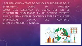 LA EPIDEMIOLOGÍA TRATA DE EXPLICAR EL PROBLEMA DE LA
ENFERMEDAD COMO UN PROCESO,
COMO UNA SECUENCIA DE ETAPAS QUE NO SE
ENCUENTRAN DEMARCADAS EN UN SENTIDO ESTRICTO
SINO QUE ESTÁN INTERRELACIONADAS ENTRE SÍ Y A LA VEZ
ENMARCADAS DENTRO DEL CONTEXTO
SOCIAL DEL ÁREA DETERMINADA.
 