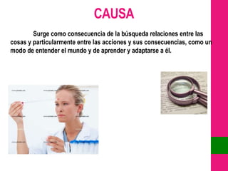CAUSA
        Surge como consecuencia de la búsqueda relaciones entre las
cosas y particularmente entre las acciones y sus consecuencias, como un
modo de entender el mundo y de aprender y adaptarse a él.
 