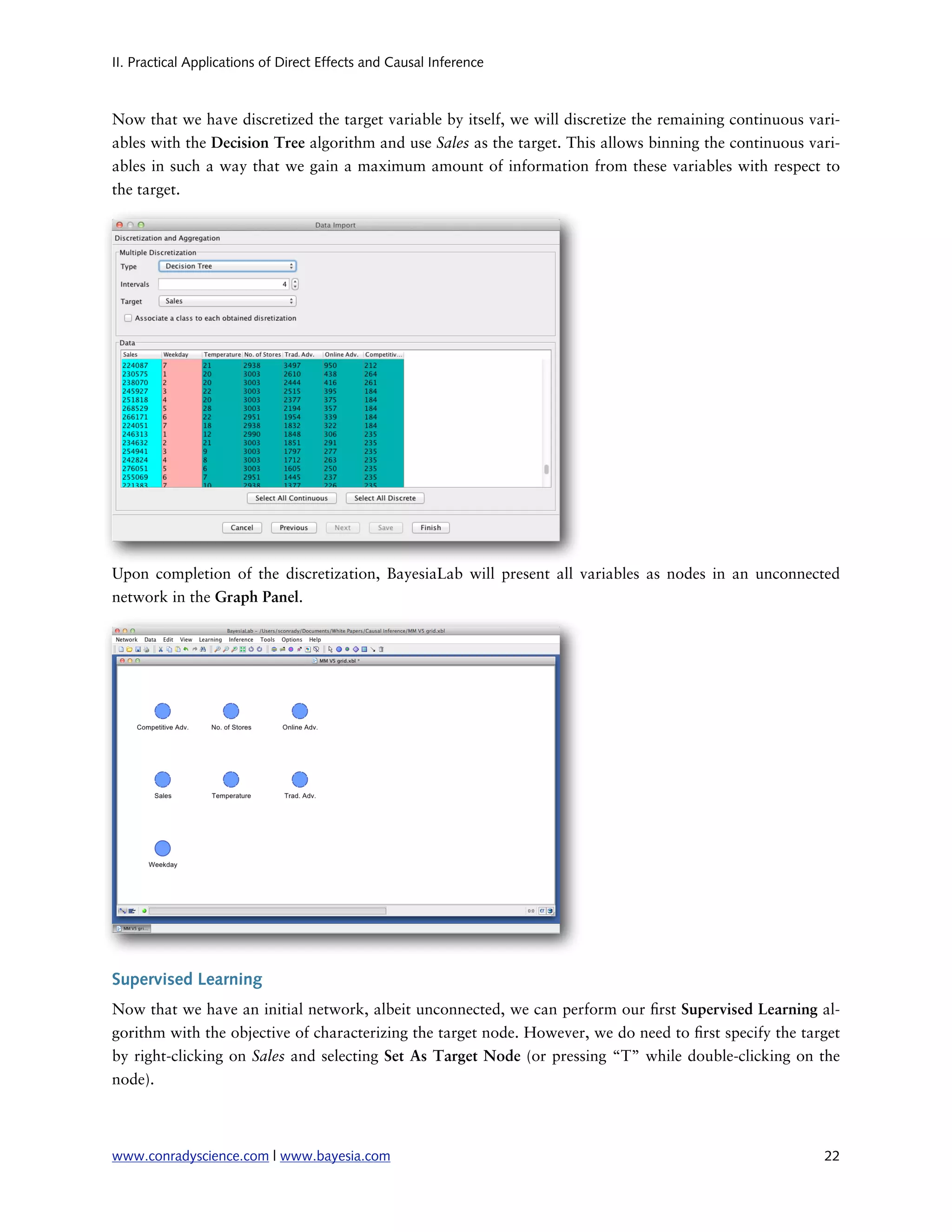 II. Practical Applications of Direct Effects and Causal Inference



Now that we have discretized the target variable by itself, we will discretize the remaining continuous vari-
ables with the Decision Tree algorithm and use Sales as the target. This allows binning the continuous vari-
ables in such a way that we gain a maximum amount of information from these variables with respect to
the target.




Upon completion of the discretization, BayesiaLab will present all variables as nodes in an unconnected
network in the Graph Panel.




Supervised Learning
Now that we have an initial network, albeit unconnected, we can perform our rst Supervised Learning al-
gorithm with the objective of characterizing the target node. However, we do need to rst specify the target
by right-clicking on Sales and selecting Set As Target Node (or pressing “T” while double-clicking on the
node).



www.conradyscience.com | www.bayesia.com
                                                                 22
 
