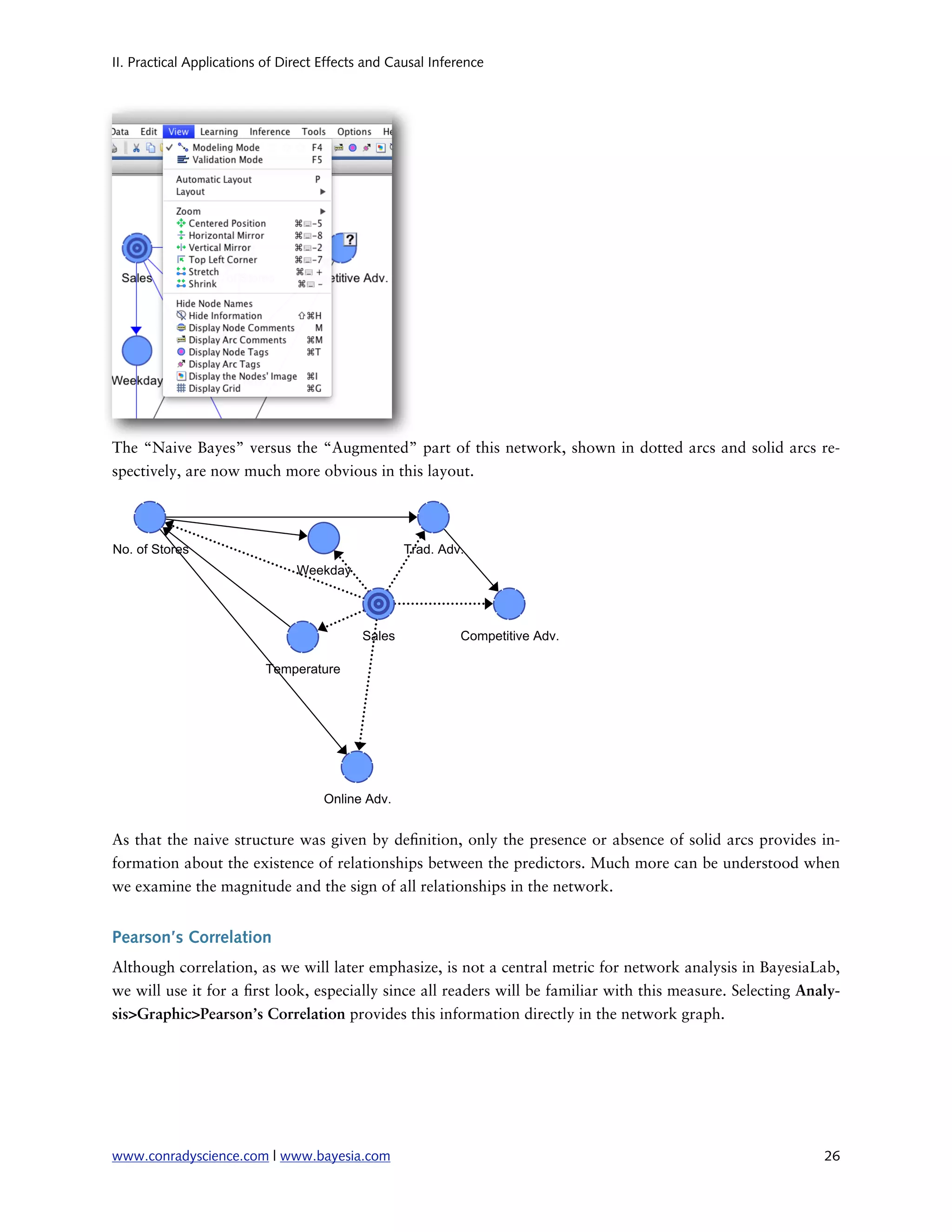 II. Practical Applications of Direct Effects and Causal Inference




The “Naive Bayes” versus the “Augmented” part of this network, shown in dotted arcs and solid arcs re-
spectively, are now much more obvious in this layout.




As that the naive structure was given by de nition, only the presence or absence of solid arcs provides in-
formation about the existence of relationships between the predictors. Much more can be understood when
we examine the magnitude and the sign of all relationships in the network.


Pearson’s Correlation
Although correlation, as we will later emphasize, is not a central metric for network analysis in BayesiaLab,
we will use it for a rst look, especially since all readers will be familiar with this measure. Selecting Analy-
sis>Graphic>Pearson’s Correlation provides this information directly in the network graph.




www.conradyscience.com | www.bayesia.com
                                                                    26
 