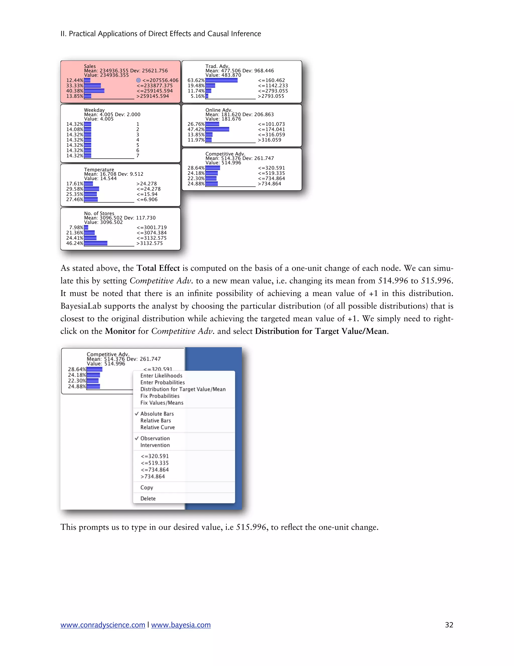 II. Practical Applications of Direct Effects and Causal Inference




As stated above, the Total Effect is computed on the basis of a one-unit change of each node. We can simu-
late this by setting Competitive Adv. to a new mean value, i.e. changing its mean from 514.996 to 515.996.
It must be noted that there is an in nite possibility of achieving a mean value of +1 in this distribution.
BayesiaLab supports the analyst by choosing the particular distribution (of all possible distributions) that is
closest to the original distribution while achieving the targeted mean value of +1. We simply need to right-
click on the Monitor for Competitive Adv. and select Distribution for Target Value/Mean.




This prompts us to type in our desired value, i.e 515.996, to re ect the one-unit change.




www.conradyscience.com | www.bayesia.com
                                                                   32
 