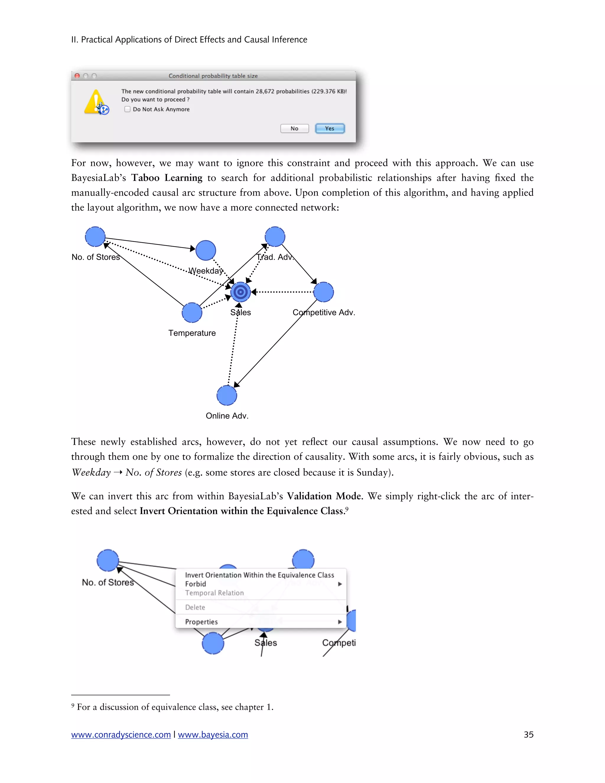 II. Practical Applications of Direct Effects and Causal Inference




For now, however, we may want to ignore this constraint and proceed with this approach. We can use
BayesiaLab’s Taboo Learning to search for additional probabilistic relationships after having xed the
manually-encoded causal arc structure from above. Upon completion of this algorithm, and having applied
the layout algorithm, we now have a more connected network:




These newly established arcs, however, do not yet re ect our causal assumptions. We now need to go
through them one by one to formalize the direction of causality. With some arcs, it is fairly obvious, such as
Weekday ➝ No. of Stores (e.g. some stores are closed because it is Sunday).

We can invert this arc from within BayesiaLab’s Validation Mode. We simply right-click the arc of inter-
ested and select Invert Orientation within the Equivalence Class.9




9   For a discussion of equivalence class, see chapter 1.


www.conradyscience.com | www.bayesia.com
                                                                  35
 