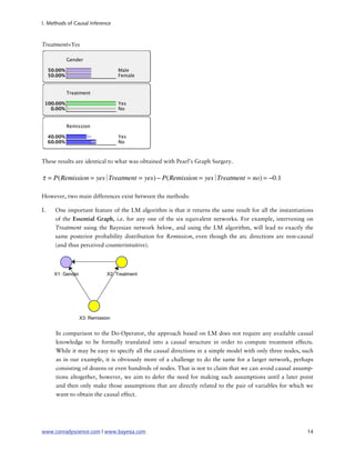 I. Methods of Causal Inference



Treatment=Yes




These results are identical to what was obtained with Pearl’s Graph Surgery.

τ = P(Remission = yes Treatment = yes) − P(Remission = yes Treatment = no) = −0.1
                    ∣                                    ∣

However, two main differences exist between the methods:

I.   One important feature of the LM algorithm is that it returns the same result for all the instantiations
     of the Essential Graph, i.e. for any one of the six equivalent networks. For example, intervening on
     Treatment using the Bayesian network below, and using the LM algorithm, will lead to exactly the
     same posterior probability distribution for Remission, even though the arc directions are non-causal
     (and thus perceived counterintuitive).




      In comparison to the Do-Operator, the approach based on LM does not require any available causal
      knowledge to be formally translated into a causal structure in order to compute treatment effects.
      While it may be easy to specify all the causal directions in a simple model with only three nodes, such
      as in our example, it is obviously more of a challenge to do the same for a larger network, perhaps
      consisting of dozens or even hundreds of nodes. That is not to claim that we can avoid causal assump-
      tions altogether, however, we aim to defer the need for making such assumptions until a later point
      and then only make those assumptions that are directly related to the pair of variables for which we
      want to obtain the causal effect.




www.conradyscience.com | www.bayesia.com
                                                                 14
 