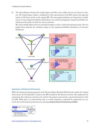 I. Methods of Causal Inference



II.   The other difference between the Graph Surgery and LM is more subtle and may not always be obvi-
      ous. The Graph Surgery implies a modi cation of the representation of the JPD, whereas the approach
      based on LM always works on the original JPD. The mere graph mutilation can bring about a modi -
      cation of some marginal probability distributions, even without changing the marginal probability dis-
      tributions of the nodes on which we want to intervene.
      We need to brie y digress from our principal example in order to clarify this particular point: The two
      graphs below illustrate the mutilation impact on the marginal probability distribution of Customer
      Satisfaction.




Importance of Network Performance
While the statistical matching approach of the Neyman-Rubin Matching Model directly utilizes the original
observations, the LM algorithm is based on the JPD encoded by the Bayesian network. This emphasizes the
requirement that a Bayesian network to be used for this purpose must provide a good representation of the
true JPD. While there is no hard-and-fast rule as to what constitutes a minimum t requirement, we can
review the overall network performance by selecting Analysis>Network Performance>Global:




www.conradyscience.com | www.bayesia.com
                                                                 15
 