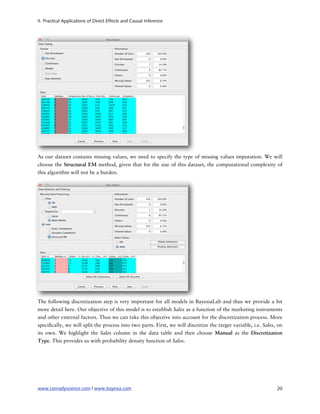 II. Practical Applications of Direct Effects and Causal Inference




As our dataset contains missing values, we need to specify the type of missing values imputation. We will
choose the Structural EM method, given that for the size of this dataset, the computational complexity of
this algorithm will not be a burden.




The following discretization step is very important for all models in BayesiaLab and thus we provide a bit
more detail here. Our objective of this model is to establish Sales as a function of the marketing instruments
and other external factors. Thus we can take this objective into account for the discretization process. More
speci cally, we will split the process into two parts. First, we will discretize the target variable, i.e. Sales, on
its own. We highlight the Sales column in the data table and then choose Manual as the Discretization
Type. This provides us with probability density function of Sales.




www.conradyscience.com | www.bayesia.com
                                                                        20
 