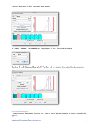 II. Practical Applications of Direct Effects and Causal Inference




By clicking Generate a Discretization, we are prompted to select the discretization type.




We chose Type: K-Means and Intervals: 4.7 The chart will now display the results of this discretization.




7   For a discussion of discretization algorithms and a guide for interval selection, please see the papers referenced in the
appendix.


www.conradyscience.com | www.bayesia.com
                                                                                   21
 