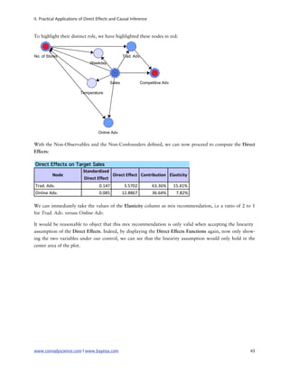 II. Practical Applications of Direct Effects and Causal Inference



To highlight their distinct role, we have highlighted these nodes in red:




With the Non-Observables and the Non-Confounders de ned, we can now proceed to compute the Direct
Effects:

Direct Effects on Target Sales
                     Standardized
        Node                       Direct,Effect Contribution Elasticity
                     Direct,Effect
Trad.&Adv.                           0.147         3.5702           63.36%   15.41%
Online&Adv.                          0.085        12.8867           36.64%    7.82%

We can immediately take the values of the Elasticity column as mix recommendation, i.e a ratio of 2 to 1
for Trad. Adv. versus Online Adv.

It would be reasonable to object that this mix recommendation is only valid when accepting the linearity
assumption of the Direct Effects. Indeed, by displaying the Direct Effects Functions again, now only show-
ing the two variables under our control, we can see that the linearity assumption would only hold in the
center area of the plot.




www.conradyscience.com | www.bayesia.com
                                                              43
 