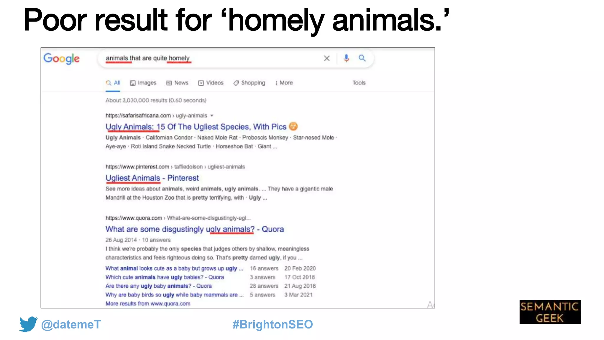 @datemeT #BrightonSEO
Poor result for ‘homely animals.’
 