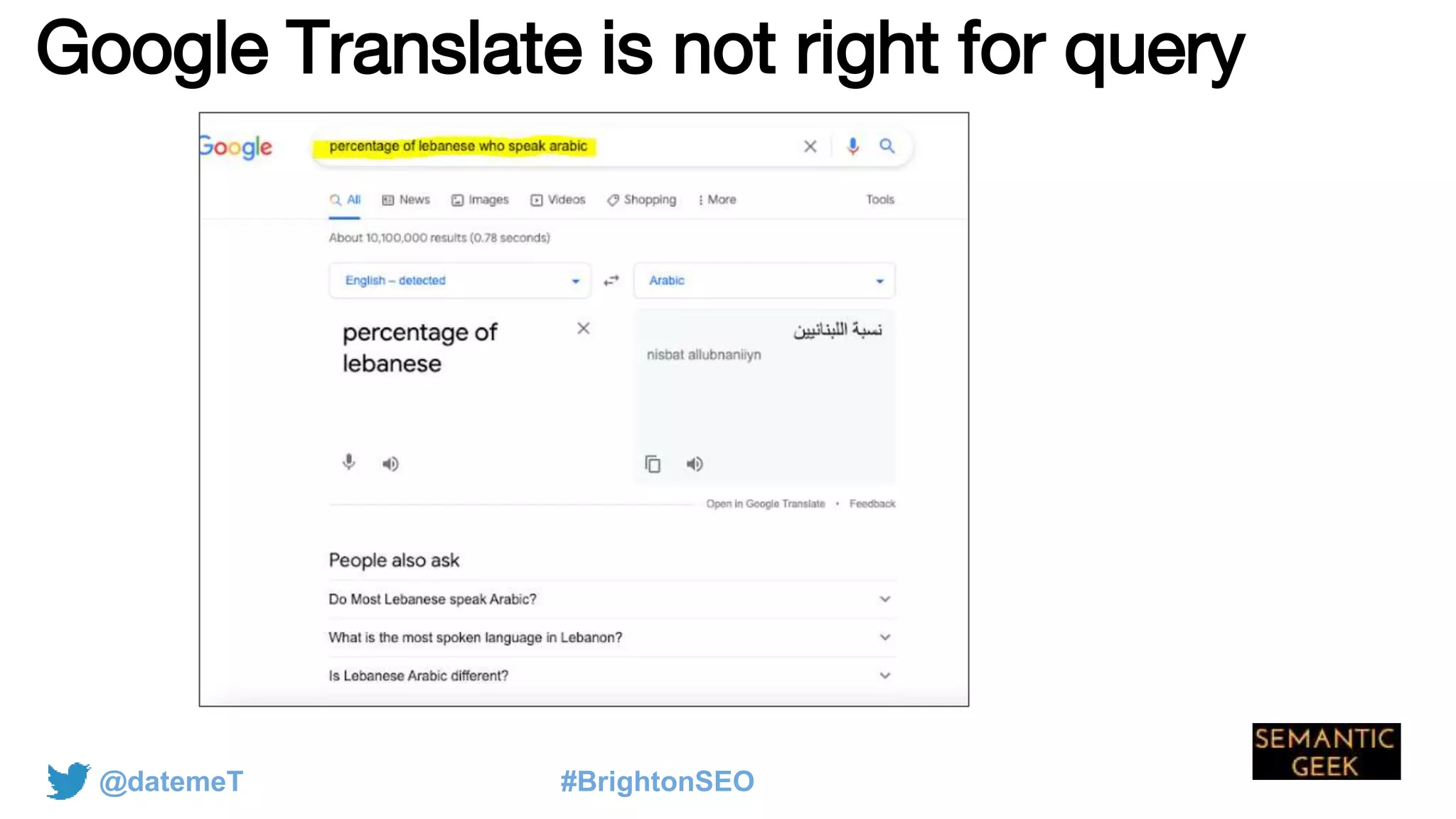 @datemeT #BrightonSEO
Google Translate is not right for query
 