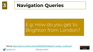 @datemeT #BrightonSEO
E.g: How do you get
to Jersey from
london
Source: https://www.vs.inf.ethz.ch/edu/SS2006/DS/slides/01_location_models.pdf
3
E.g: How do you get to
Brighton from London?
Navigation Queries
 