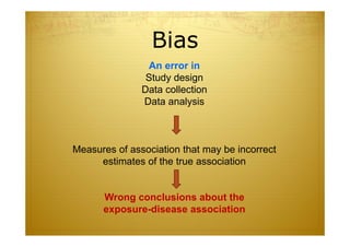 Bias
An error in
Study design
Data collection
Data analysis
Measures of association that may be incorrect
estimates of the true association
Wrong conclusions about the
exposure-disease association
 