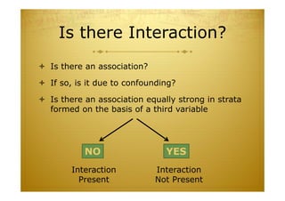  Is there an association?
 If so, is it due to confounding?
 Is there an association equally strong in strata
formed on the basis of a third variable
Is there Interaction?
NO YES
Interaction
Present
Interaction
Not Present
 