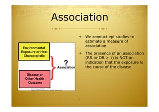 Association
 We conduct epi studies to
estimate a measure of
association
 The presence of an association
(RR or OR > 1) is NOT an
indication that the exposure is
the cause of the disease
6
 