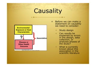 Causality
 Before we can make a
statement on causality
we need to consider:
 Study design
 Can results be
explained by errors
in the design, data
collection, or
analyses phases of
the study?
 What is currently
known about this
association in the
scientific literature
 