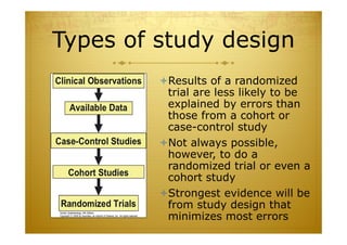 Types of study design
Results of a randomized
trial are less likely to be
explained by errors than
those from a cohort or
case-control study
Not always possible,
however, to do a
randomized trial or even a
cohort study
Strongest evidence will be
from study design that
minimizes most errors9
 