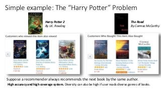 Simple example: The “Harry Potter” Problem
Suppose a recommender always recommends the next book by the same author.
High ...