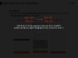 실험이 예상치 못한 제품 지표를 침해했다
광고 실험 결과
§ 풀이 결과 이후 ‘같은 유형의 문제'를 조회하는 개수가 실험군에서 대조군 대비 증가
§ 현상을 이해하기 위해서 UX Flow 확인!
문제 검색 검색 결과 유사 문제 풀기
검색 기능에
광고 추가
문제 조회
횟수 상승
대체 왜 광고가 추가된 실험군에서 문제 조회 개수가 상승했지?
검색에서 광고를 보는 행동이 문제를 풀고자 하는 의사랑 무슨 관계가..?
 