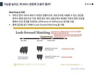 기능을 늘리는 게 MAU 성장에 도움이 될까?
Matching & DID
§ 대조군 없이 100% 배포가 되었던 상황이므로, 대조군처럼 사용할 수 있는 집단을
찾아서 통제 집단으로 가정. 통제 집단 대비 실험군에서 발생한 지표의 증분 상승을
통해서 인과 효과를 추정하는 Difference-in-Differences 방식을 사용
§ 통제 집단을 찾기 위해서 Look-forward Matching 을 사용
슬라이드 출처 : 서머 셰션
 
