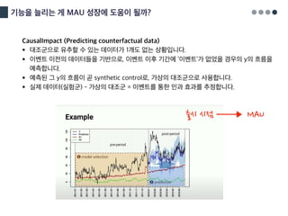 기능을 늘리는 게 MAU 성장에 도움이 될까?
CausalImpact (Predicting counterfactual data)
§ 대조군으로 유추할 수 있는 데이터가 1개도 없는 상황입니다.
§ 이벤트 이전의 데이터들을 기반으로, 이벤트 이후 기간에 ‘이벤트’가 없었을 경우의 y의 흐름을
예측합니다.
§ 예측된 그 y의 흐름이 곧 synthetic control로, 가상의 대조군으로 사용합니다.
§ 실제 데이터(실험군) - 가상의 대조군 = 이벤트를 통한 인과 효과를 추정합니다.
출시 시점 MAU
 