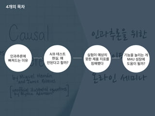 4개의 목차
인과추론에
빠져드는 이유
A/B 테스트
현실, 왜
안된다고 할까?
실험이 예상치
못한 제품 지표를
침해했다
기능을 늘리는 게
MAU 성장에
도움이 될까?
 