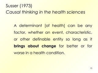 Susser (1973) Causal thinking in the health sciences A determinant [of health] can be any factor, whether an event, characteristic, or other definable entity so long as it  brings about change  for better or for worse in a health condition. 