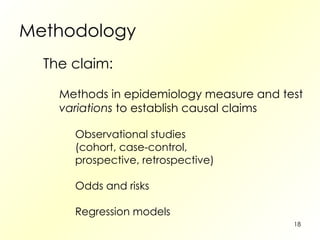 Methodology  The claim: Methods in epidemiology measure and test variations  to establish causal claims Observational studies (cohort, case-control, prospective, retrospective) Odds and risks Regression models 