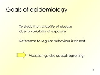 Goals of epidemiology To study the  variability  of disease due to  variability  of exposure Reference to regular behaviour is absent Variation  guides causal reasoning 