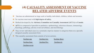 (4) CAUSALITY ASSESSMENT OF VACCINE
RELATED ADVERSE EVENTS
 Vaccines are administered on large scale to healthy individuals, children, infants and neonates.
 So vaccines must meet with high degree of safety.
 Method developed by the Advisory Committee on Causality Assessment (ACCA) in Canada.
 ACCA is composed of specialist in pediatrics, epidemiology, infectious diseases, immunology,
neurology, pathology, adverse event surveillance, and microbiology
 They review individual cases in a systematic stepwise manner to categorize them on a specially
designed causality assessment form.
 This causality assessment form consists of seven sections.
Section one Section two Section three
Section four Section five Section six
Section seven
 