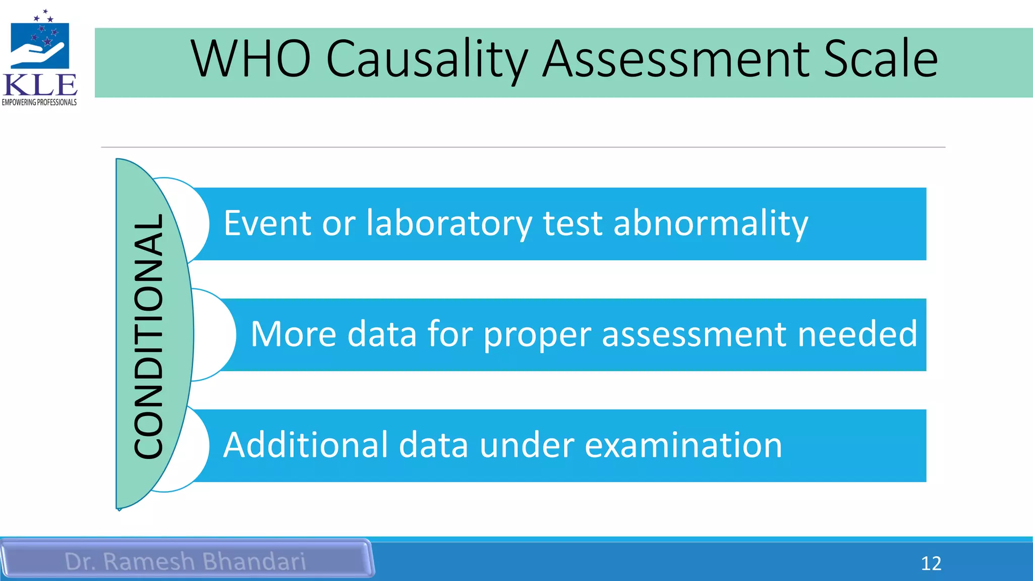 WHO Causality Assessment Scale
Event or laboratory test abnormality
More data for proper assessment needed
Additional data under examination
CONDITIONAL
12
 