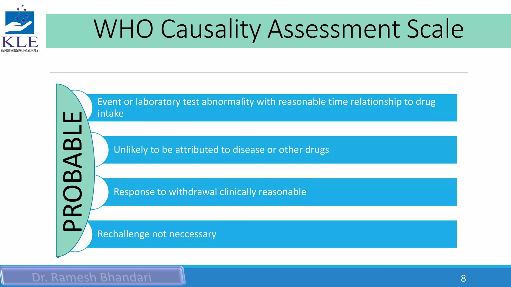 WHO Causality Assessment Scale
Event or laboratory test abnormality with reasonable time relationship to drug
intake
Unlikely to be attributed to disease or other drugs
Response to withdrawal clinically reasonable
Rechallenge not neccessary
PROBABLE
8
 