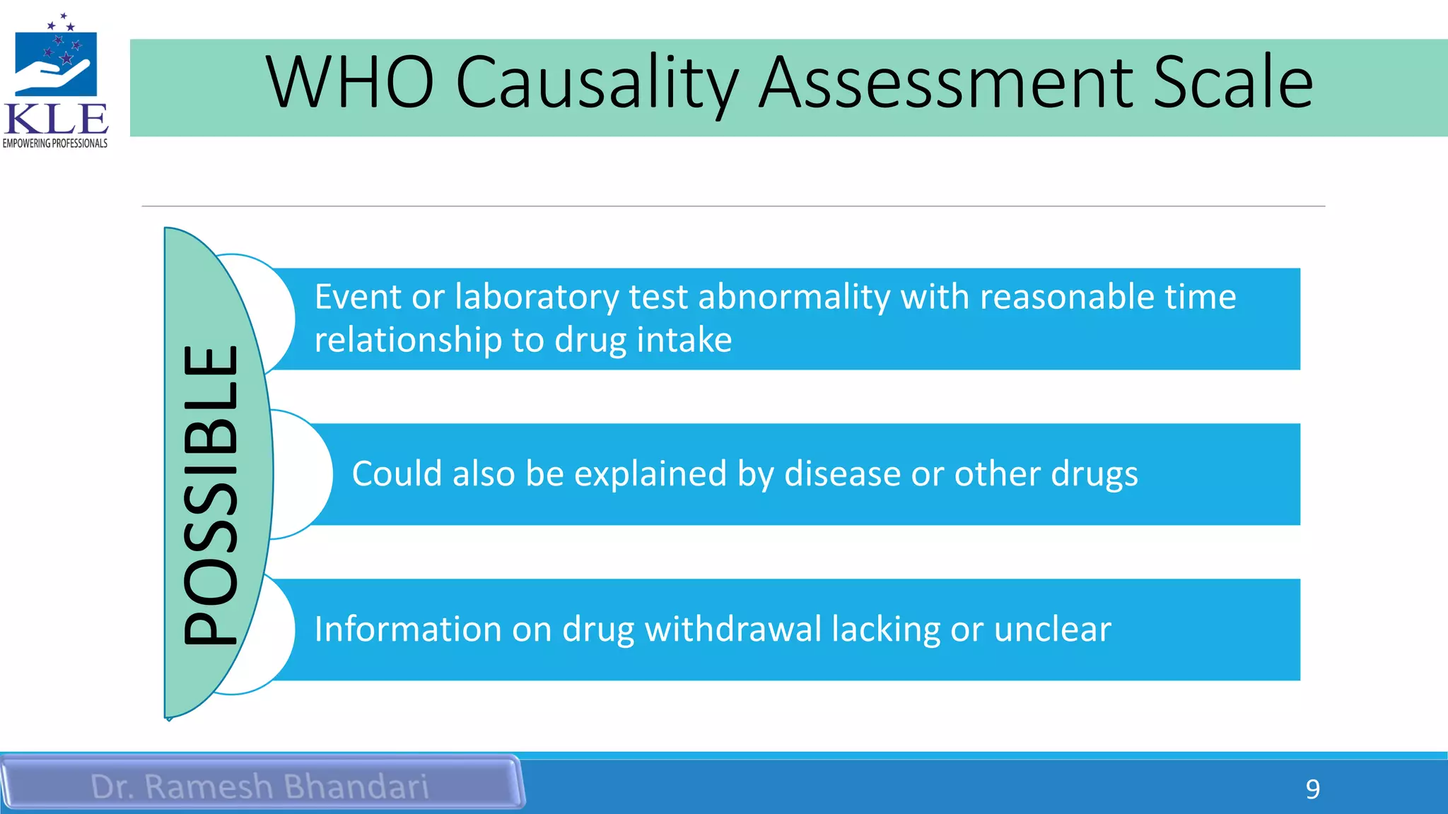 WHO Causality Assessment Scale
Event or laboratory test abnormality with reasonable time
relationship to drug intake
Could also be explained by disease or other drugs
Information on drug withdrawal lacking or unclear
POSSIBLE
9
 