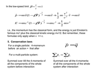 In the low-speed limit 1<<=
c
v
β
222
1
22
2
2
2
1
2
2
1
)1(
ˆˆ
2
1
ˆ)1(ˆˆ
mvmcmcE
vmv
c
v
mvmvmp
+≈−=
≈+≈−=
−
−
β
β
i.e., the momentum has the classical form, and the energy is just Einstein's
famous mc2
plus the classical kinetic energy mv2
/2. But remember, these
formulae only apply when v << c.
5. Conservation laws
qp

=
Summed over All the 4-momenta of
all the components of the whole
system before interaction
Summed over all the 4-momenta
of all the components of the whole
system after interaction
∑∑ =
i
i
i
i qp

For a single particle: 4-momenum
before an action = that after
For a multi-particle system:
 
