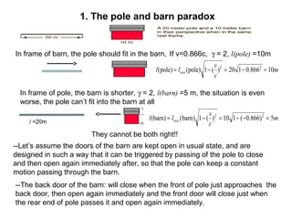 1. The pole and barn paradox
If v=0.866c, γ = 2, l(pole) =10mIn frame of barn, the pole should fit in the barn,
m
c
v
ll rest 10866.0120)(1)pole()pole( 22
=−=−=
l =20m
In frame of pole, the barn is shorter, γ = 2, l(barn) =5 m, the situation is even
worse, the pole can’t fit into the barn at all
m
c
v
ll rest 5)866.0(110)(1)barn((barn) 22
=−−=−=
--The back door of the barn: will close when the front of pole just approaches the
back door, then open again immediately and the front door will close just when
the rear end of pole passes it and open again immediately.
They cannot be both right!!
--Let’s assume the doors of the barn are kept open in usual state, and are
designed in such a way that it can be triggered by passing of the pole to close
and then open again immediately after, so that the pole can keep a constant
motion passing through the barn.
 