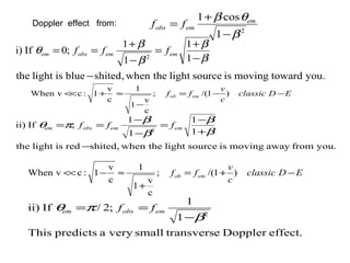 2
1
cos1
β
θβ
−
+
= em
emobs ffDoppler effect from:
you.towardmovingissourcelightthewhen,shitedblueislightthe
1
1
1
1
;0Ifi)
2
−
−
+
=
−
+
==
β
β
β
β
θ ememobsem fff
you.fromawaymovingissourcelightthewhen,shitedredislightthe
1
1
1
1
;Ifii)
2
−
+
−
=
−
−
==
β
β
β
β
πθ ememobsem fff
effect.DoppleretransverssmallveryapredictsThis
1
1
;2/Ifii)
2
β
πθ
−
== emobsem ff
EDclassic
c
v
ff emob −−=
−
≈+<< )1/(;
c
v
1
1
c
v
1:cvWhen
EDclassic
c
v
ff emob −+=
+
≈−<< )1/(;
c
v
1
1
c
v
1:cvWhen
 