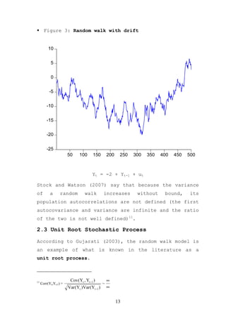 Figure 3: Random walk with drift


          10


           5


           0


          -5


         -10


         -15


         -20


         -25
                       50     100      150         200    250   300   350   400   450   500



                                      Yt = -2 + Yt-1 + ut

Stock and Watson (2007) say that because the variance
of         a      random         walk          increases         without     bound,      its
population autocorrelations are not defined (the first
autocovariance and variance are infinite and the ratio
of the two is not well defined)11.

2.3 Unit Root Stochastic Process

According to Gujarati (2003), the random walk model is
an example of what is known in the literature as a
unit root process.



11
                        Cov(Yt , Yt −1 )           ∞
     Corr(Yt,Yt-1) =                           ~
                       Var (Yt )Var (Yt −1 )       ∞


                                                         13
 