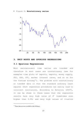 Figure 6: Nonstationary series


              5


              0


             -5


            -10


            -15


            -20


            -25
                          25        50        75      100     125   150   175    200



3. UNIT ROOTS AND SPURIOUS REGRESSIONS

3.1 Spurious Regressions

Most           macroeconomic                 time          series   are   trended      and
therefore              in      most       cases       are    nonstationary      (see   for
examples time plots of imports, exports, money supply,
FDI, GDP, CPI, market interest rates, and so on for
the Vietnam economy12). The problem with nonstationary
or trended data is that the standard ordinary least
squares (OLS) regression procedures can easily lead to
incorrect conclusions. According to Asteriou (2007),
it can be shown in these cases that the regression
results have very high value of R2 (sometimes even
higher than 0.95) and very high values of t-ratios


12
     These data are now available at the H library.


                                                      17
 