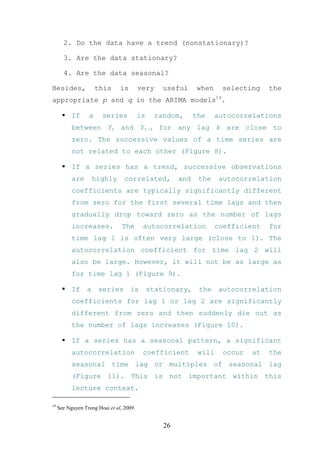 2. Do the data have a trend (nonstationary)?

       3. Are the data stationary?

       4. Are the data seasonal?

Besides,              this      is        very     useful     when     selecting    the
appropriate p and q in the ARIMA models19.

           If     a     series            is     random,      the     autocorrelations
           between Yt and Yt-k for any lag k are close to
           zero. The successive values of a time series are
           not related to each other (Figure 8).

           If a series has a trend, successive observations
           are        highly      correlated,           and    the     autocorrelation
           coefficients are typically significantly different
           from zero for the first several time lags and then
           gradually drop toward zero as the number of lags
           increases.            The       autocorrelation            coefficient   for
           time lag 1 is often very large (close to 1). The
           autocorrelation coefficient for time lag 2 will
           also be large. However, it will not be as large as
           for time lag 1 (Figure 9).

           If     a    series        is        stationary,     the     autocorrelation
           coefficients for lag 1 or lag 2 are significantly
           different from zero and then suddenly die out as
           the number of lags increases (Figure 10).

           If a series has a seasonal pattern, a significant
           autocorrelation                 coefficient         will    occur   at   the
           seasonal time lag or multiples of seasonal lag
           (Figure 11). This is not important within this
           lecture context.

19
     See Nguyen Trong Hoai et al, 2009.


                                                   26
 