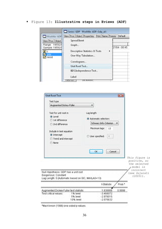 Figure 13: Illustrative steps in Eviews (ADF)




                                                This figure is
                                                 positive, so
                                                 the selected
                                                   model is
                                                   incorrect
                                                (see Gujarati
                                                   (2003)).




                        36
 