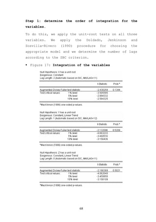 Step 1: determine the order of integration for the
variables.

To do this, we apply the unit-root tests on all three
variables.   We   apply    the    Doldado,    Jenkinson   and
Sosvilla-Rivero   (1990)   procedure    for    choosing   the
appropriate model and we determine the number of lags
according to the SBC criterion.

  Figure 17: Integration of the variables




                             68
 