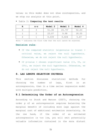 value; so this model does not show cointegration, and
we stop our analysis at this point.

   Table 2: Comparing the test results

       R             n-r           Model 2            Model 3           Model 4
       0              3               51.38             25.79*           52.03
       1              2               22.07              9.98            18.55
       2              1               9.039             0.024            5.67
Note: * indicates the first time that the null cannot be rejected.

Decision rule:

       If the computed statistic (eigenvalue or trace) >
       critical      value,     we    reject       the    null       hypothesis.
       Otherwise, we do not reject the null hypothesis.

       If p-value < chosen significant value (1%, 5%, or
       10%), we reject the null hypothesis. Otherwise, we
       do not reject the null hypothesis.

8. LAG LENGTH SELECTION CRITERIA

This       section     discusses              statistical        methods      for
choosing       the        number       of        lags,        first      in      an
autoregression, then in a time series regression model
with multiple predictors.

8.1 Determining the Order of an Autoregression

According     to     Stock      and   Watson       (2007),       choosing     the
order p of an autoregression requires balancing the
marginal benefit of including more lags against the
marginal cost of additional estimation uncertainty. On
the    one     hand,       if      the        order      of     an     estimated
autoregression is too low, you will omit potentially
valuable      information        contained         in    the     more    distant


                                         73
 