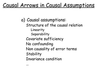 Causal Arrows in Causal Assumptions Causal assumptions: Structure of the causal relation Linearity Separability Covariate sufficiency No confounding Non causality of error terms Stability Invariance condition … 